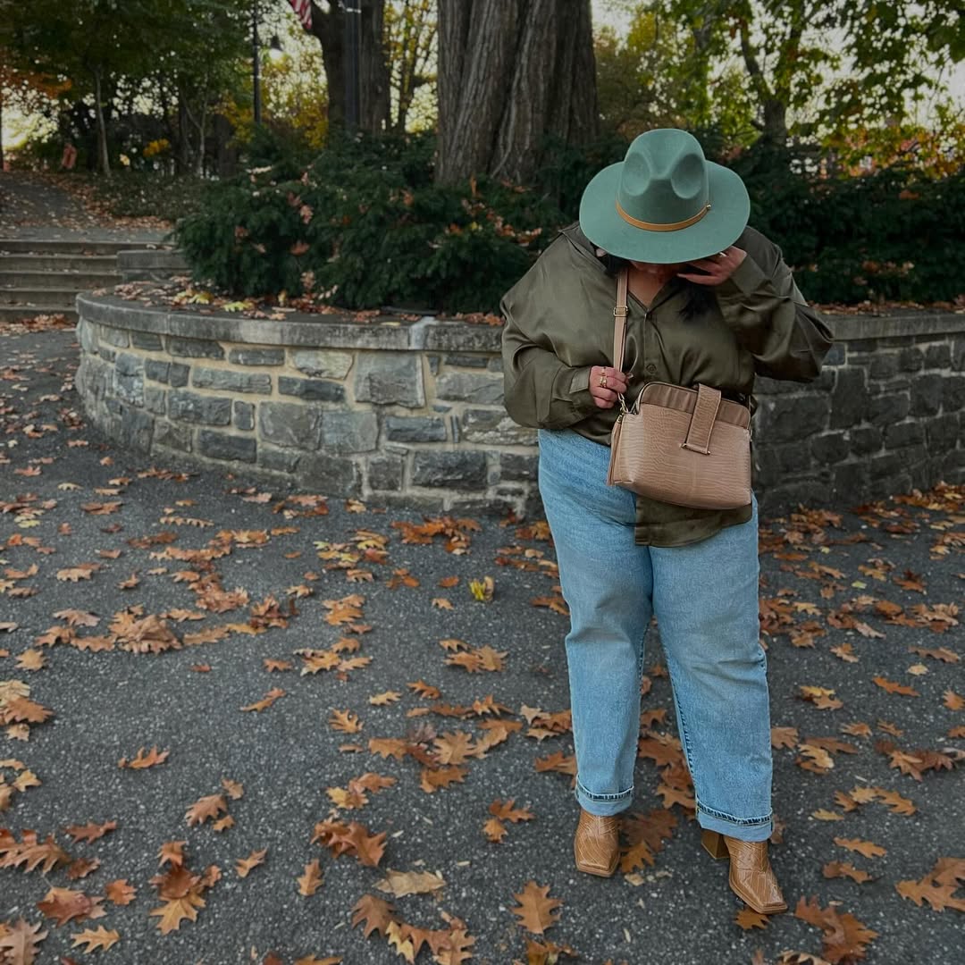 Olive Green Satin Shirt With Light Wash Jeans