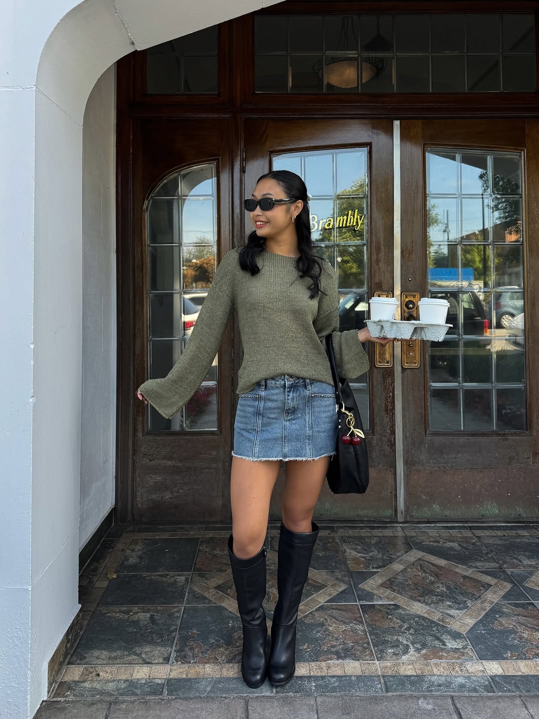 Olive Knit Sweater and Denim Mini Skirt Fall Outfit