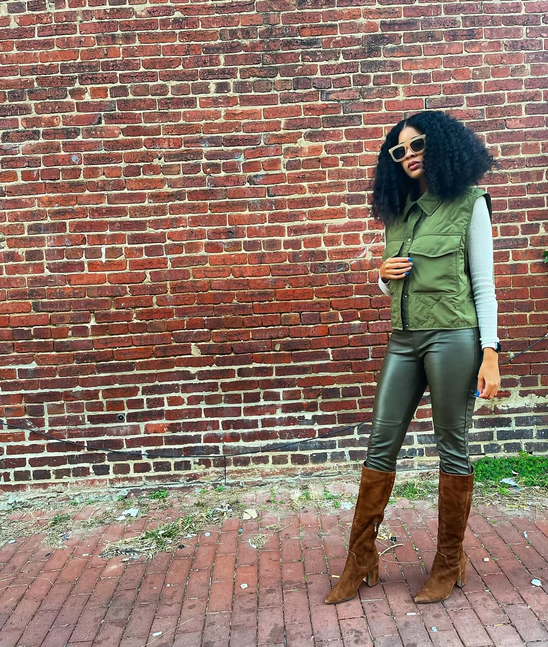 Olive Utility Vest With Faux Leather Pants