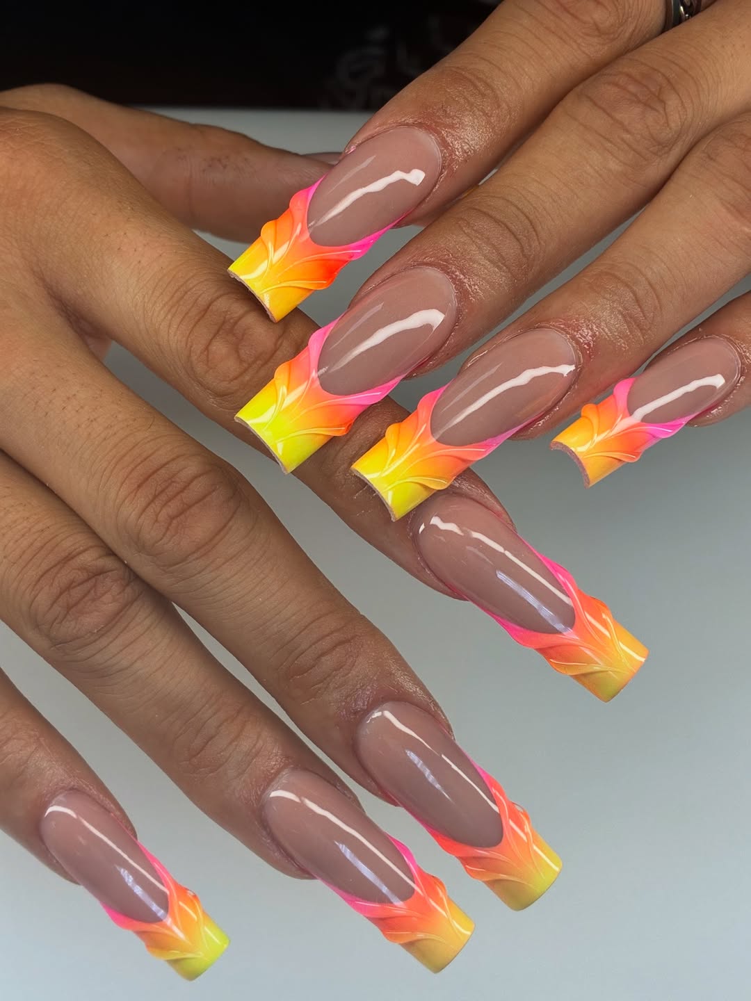 Ombre Neon French Sculpted Coffin Nails