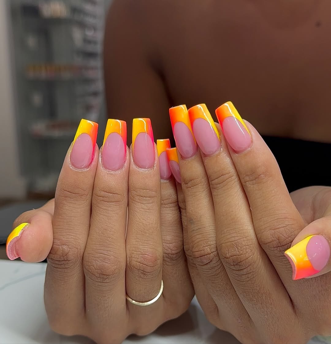 Ombre Neon Pink Orange Yellow French Tips