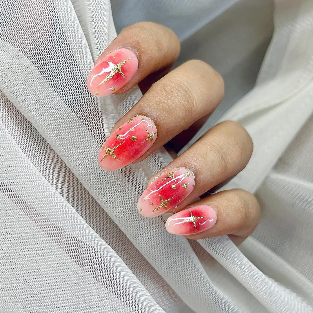 Ombre Red Pink Starburst Glitter Gold Nails