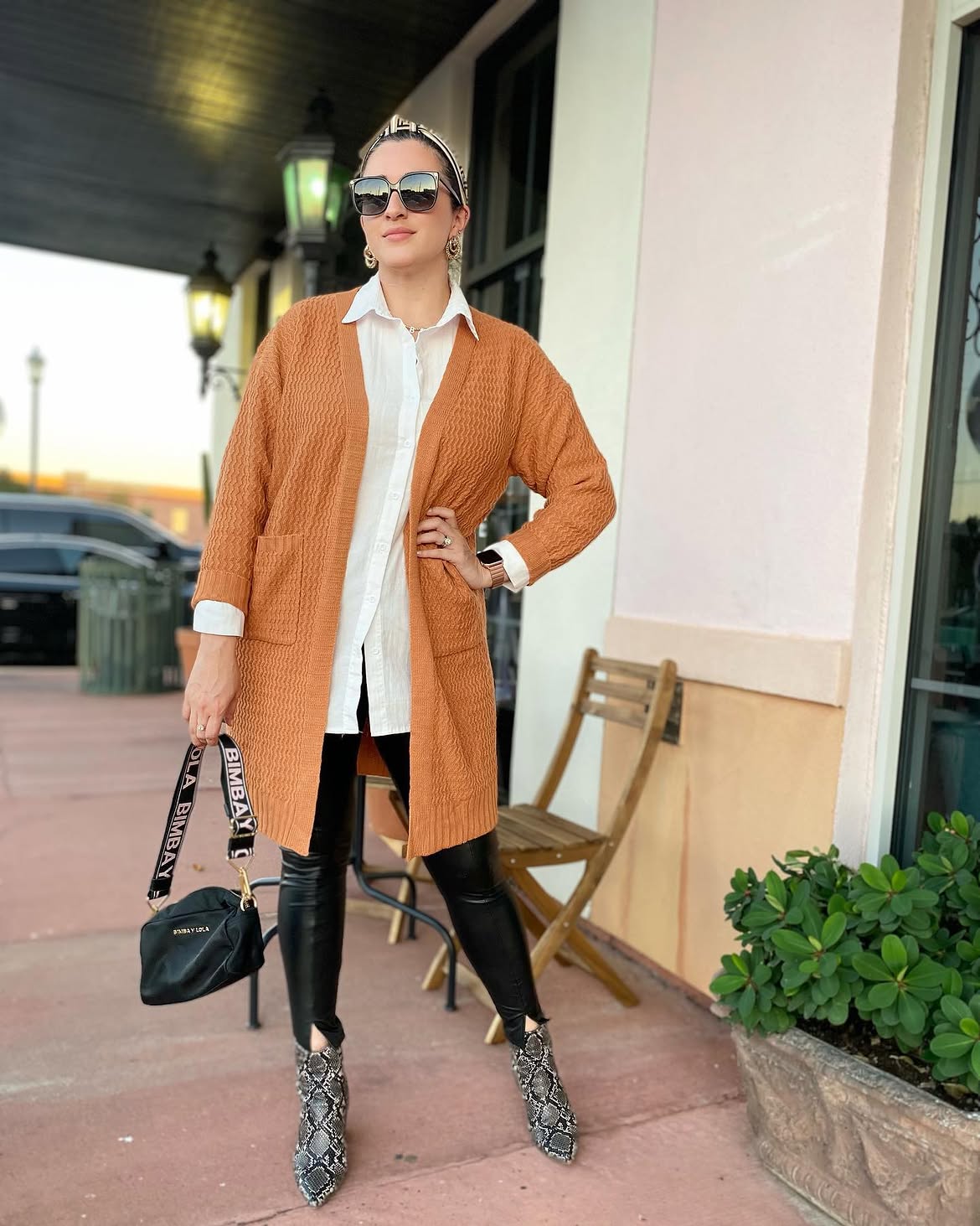 Orange Cardigan & Faux Leather Pant Fall Look