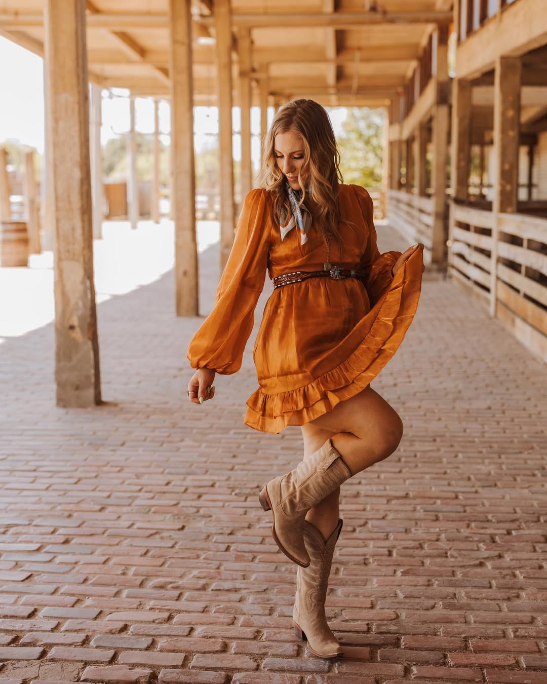 Orange Mini Dress With Cowboy Boots