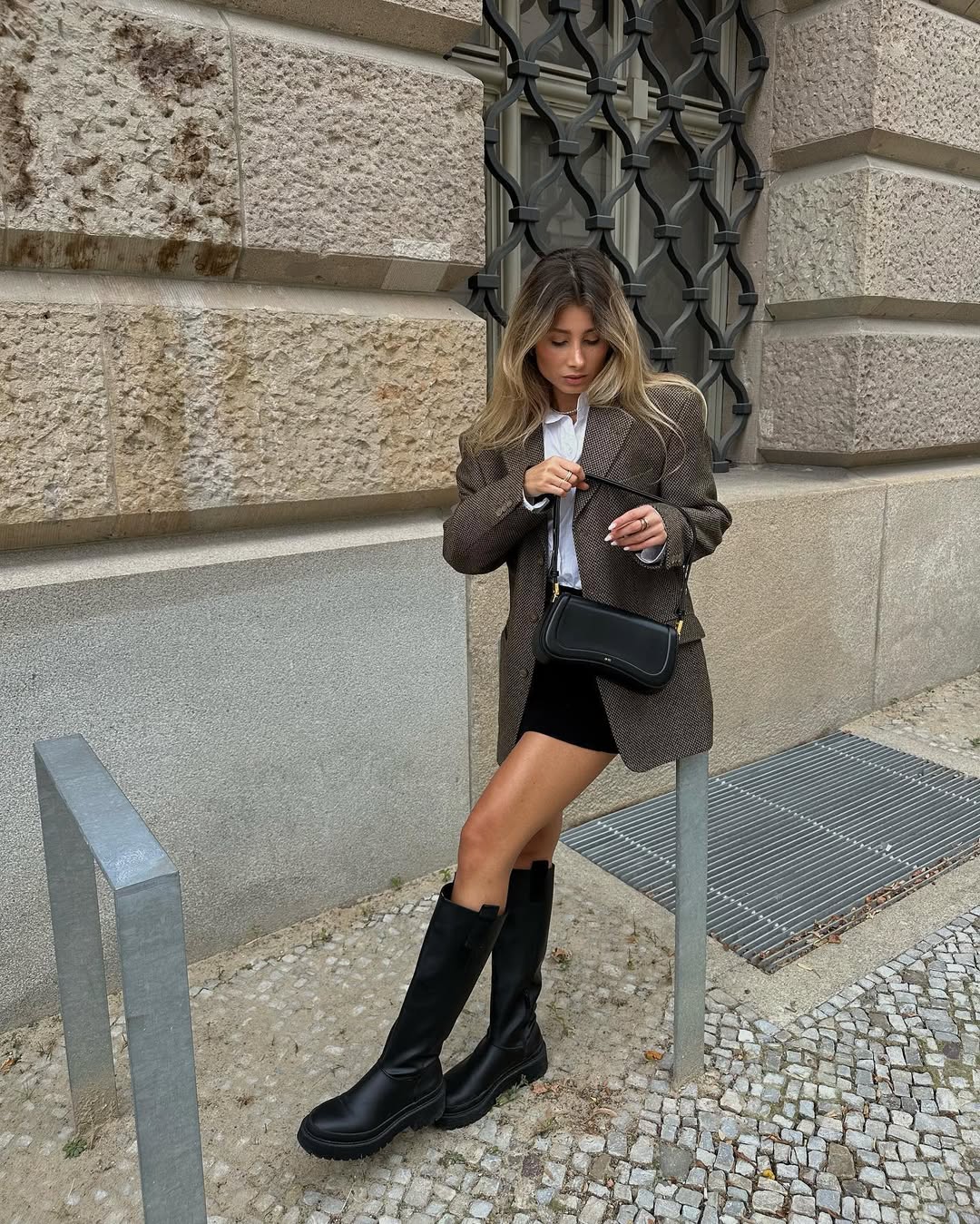 Oversized Herringbone Blazer With Mini Skirt And Boots
