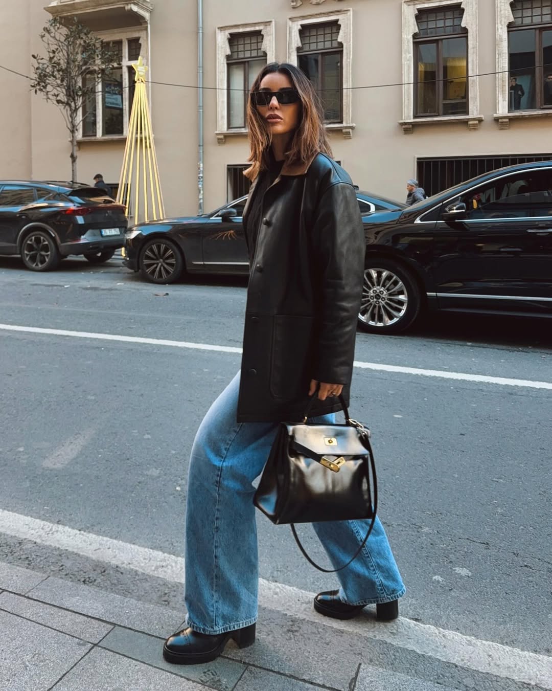 Oversized Leather Jacket With Wide Leg Jeans