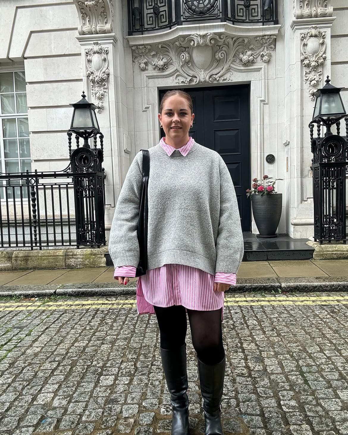 Oversized Sweater Over Pink Pinstripe Shirt Dress