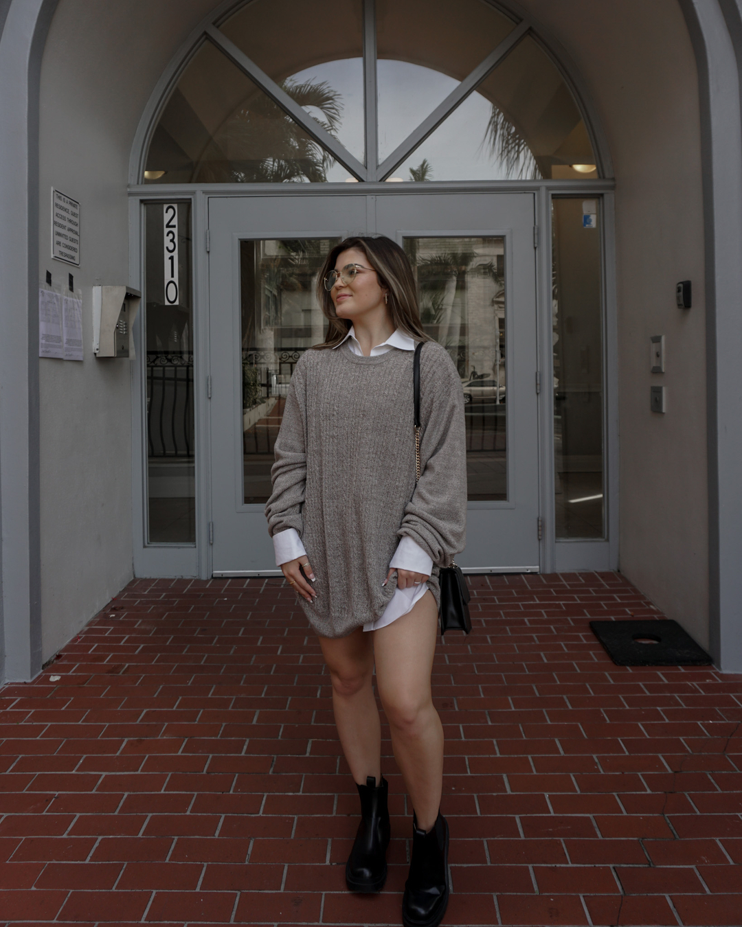 Oversized Sweater Over White Shirtdress With Boots