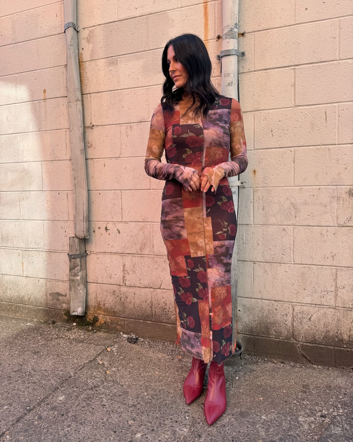 Patchwork Floral Midi Dress With Burgundy Boots