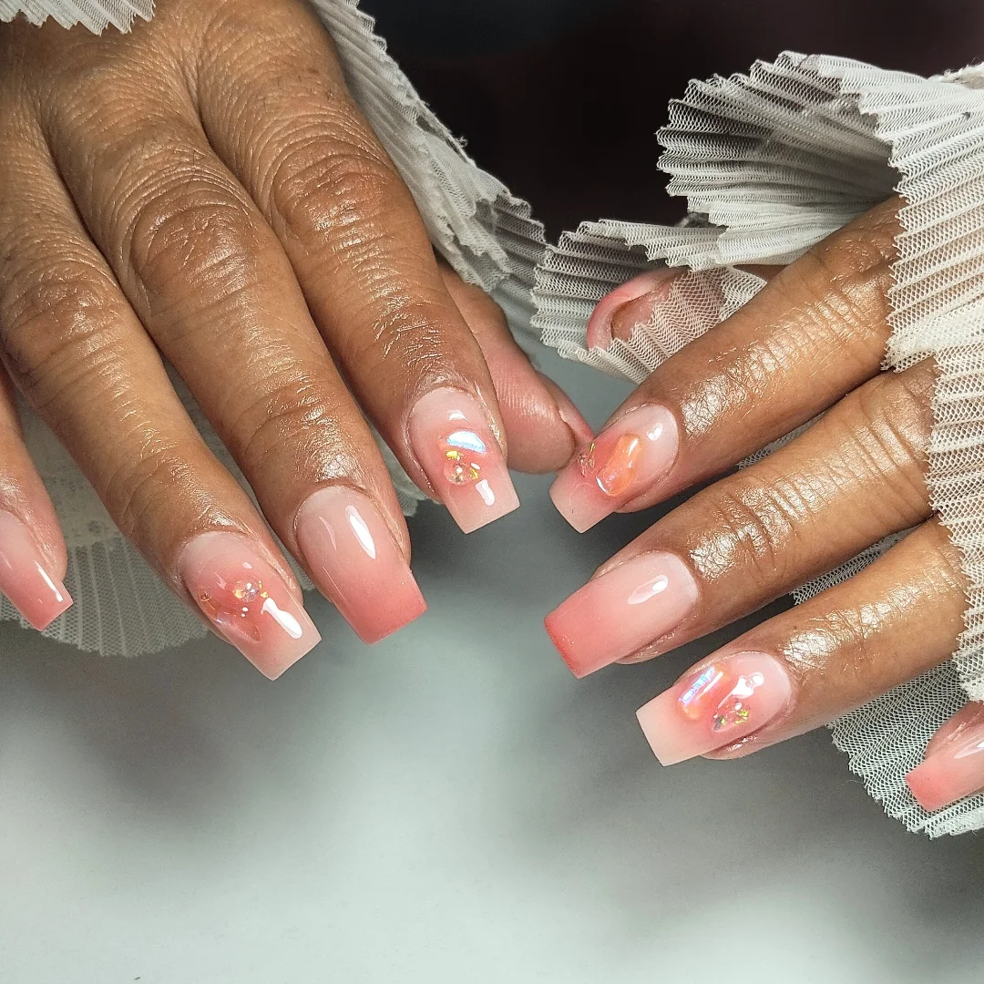 Peachy Ombre Square Nails with Iridescent Flakes