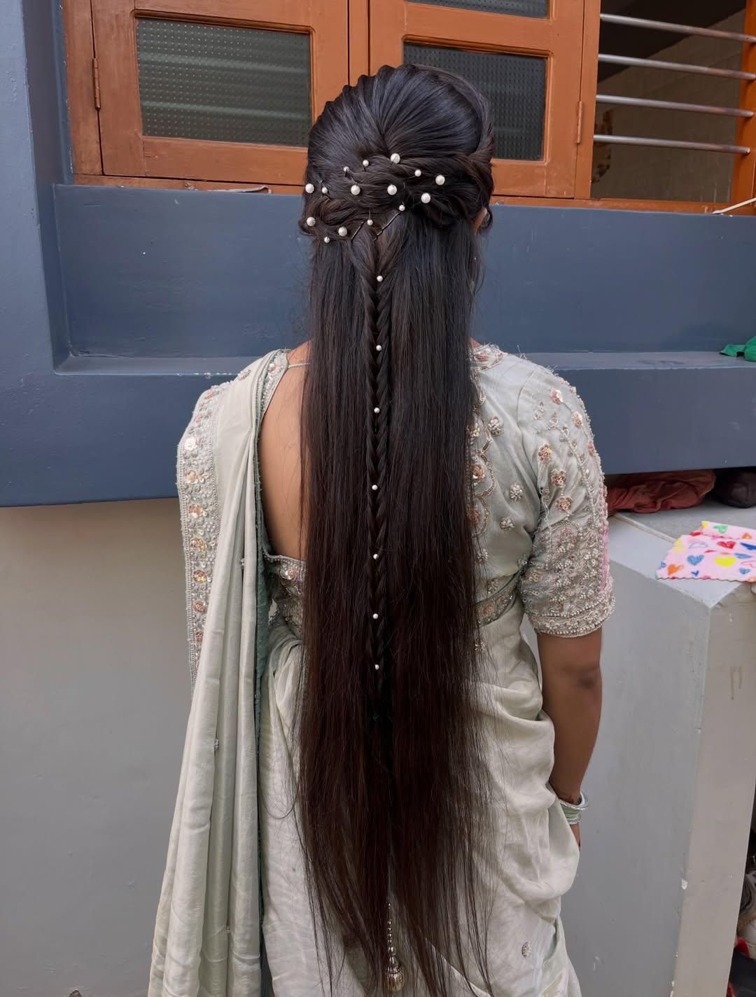 Pearl Embellished Half-Up Braid with Extra Length