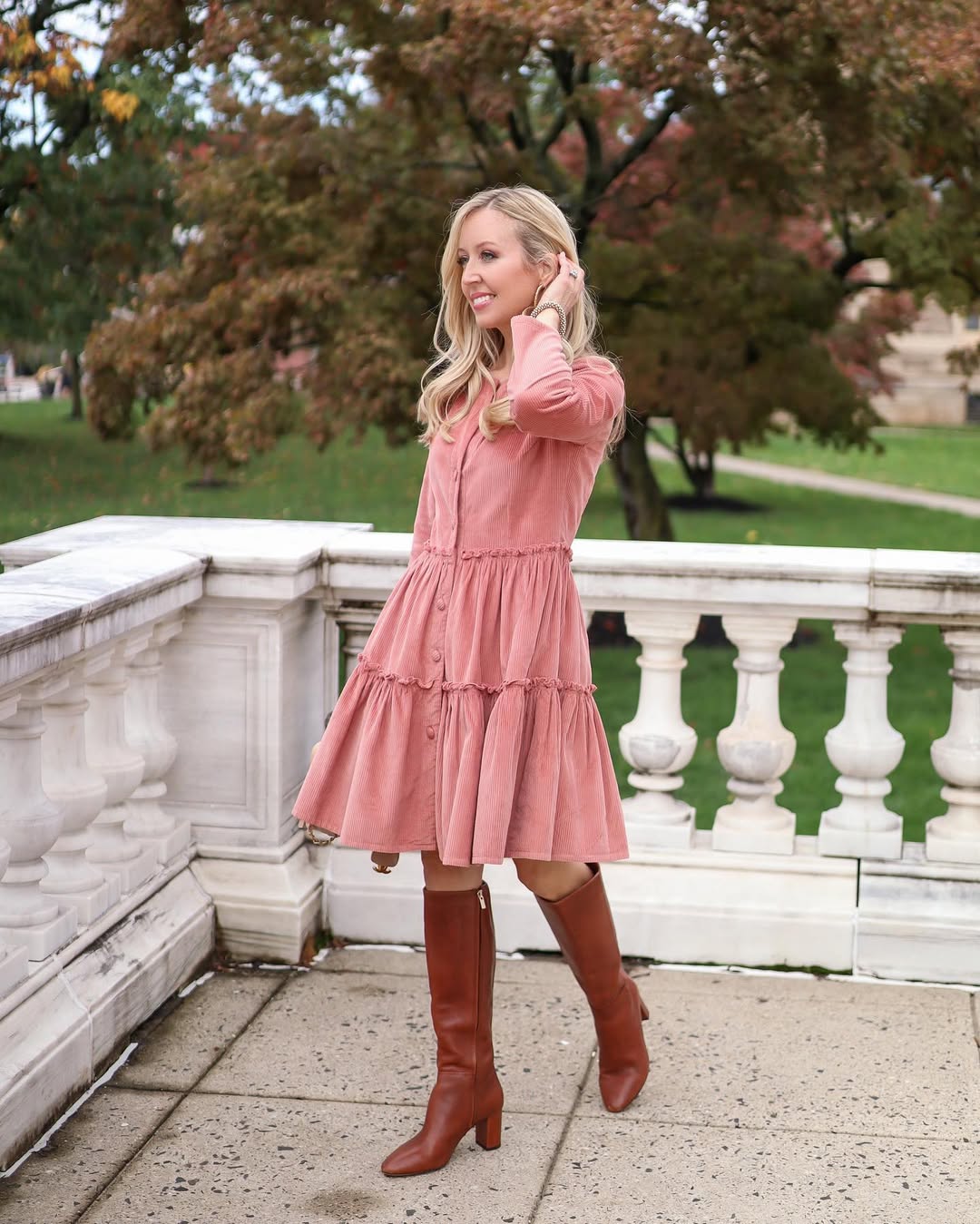 Pink Corduroy Tiered Dress With Knee-High Boots