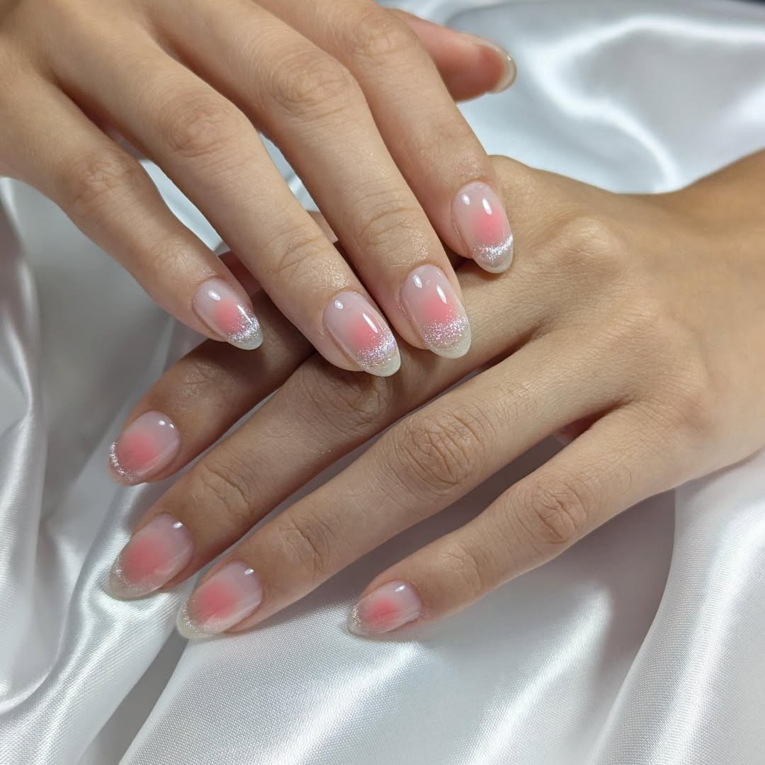 Pink Gradient Glitter French Oval Nails