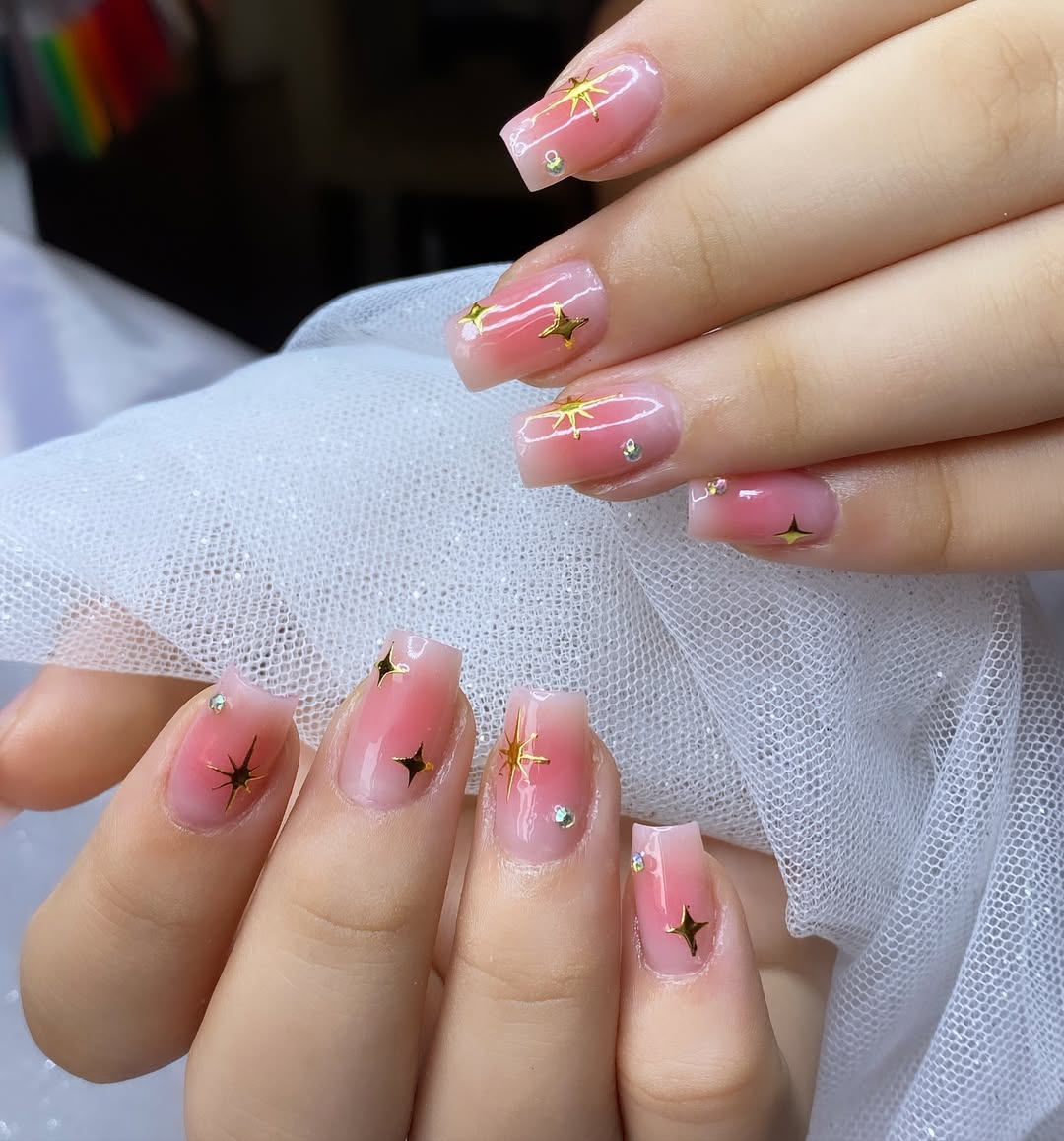 Pink Jelly Ombre with Gold Stars and Rhinestones