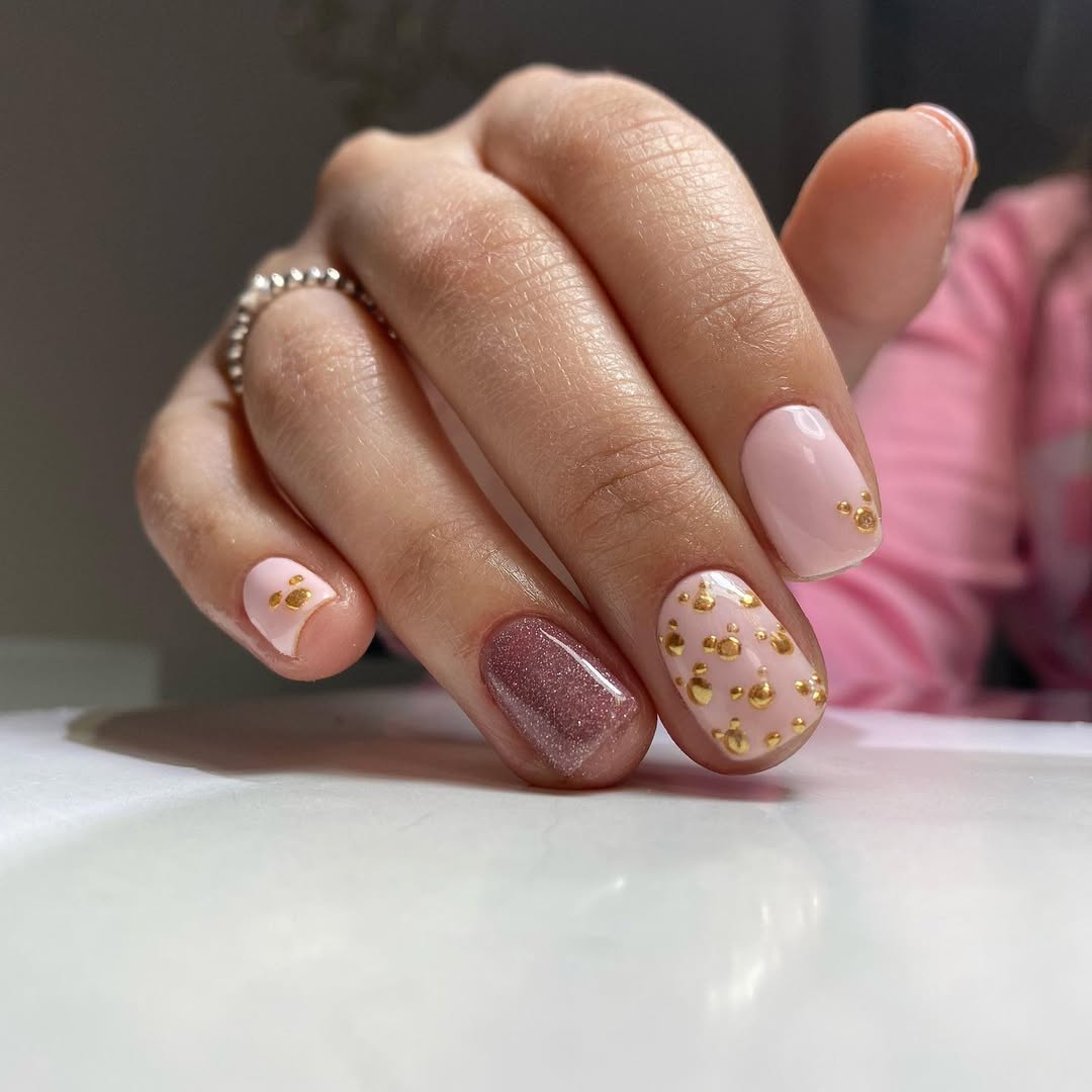 Pink Mickey Mouse Gold Dot Accent Nails