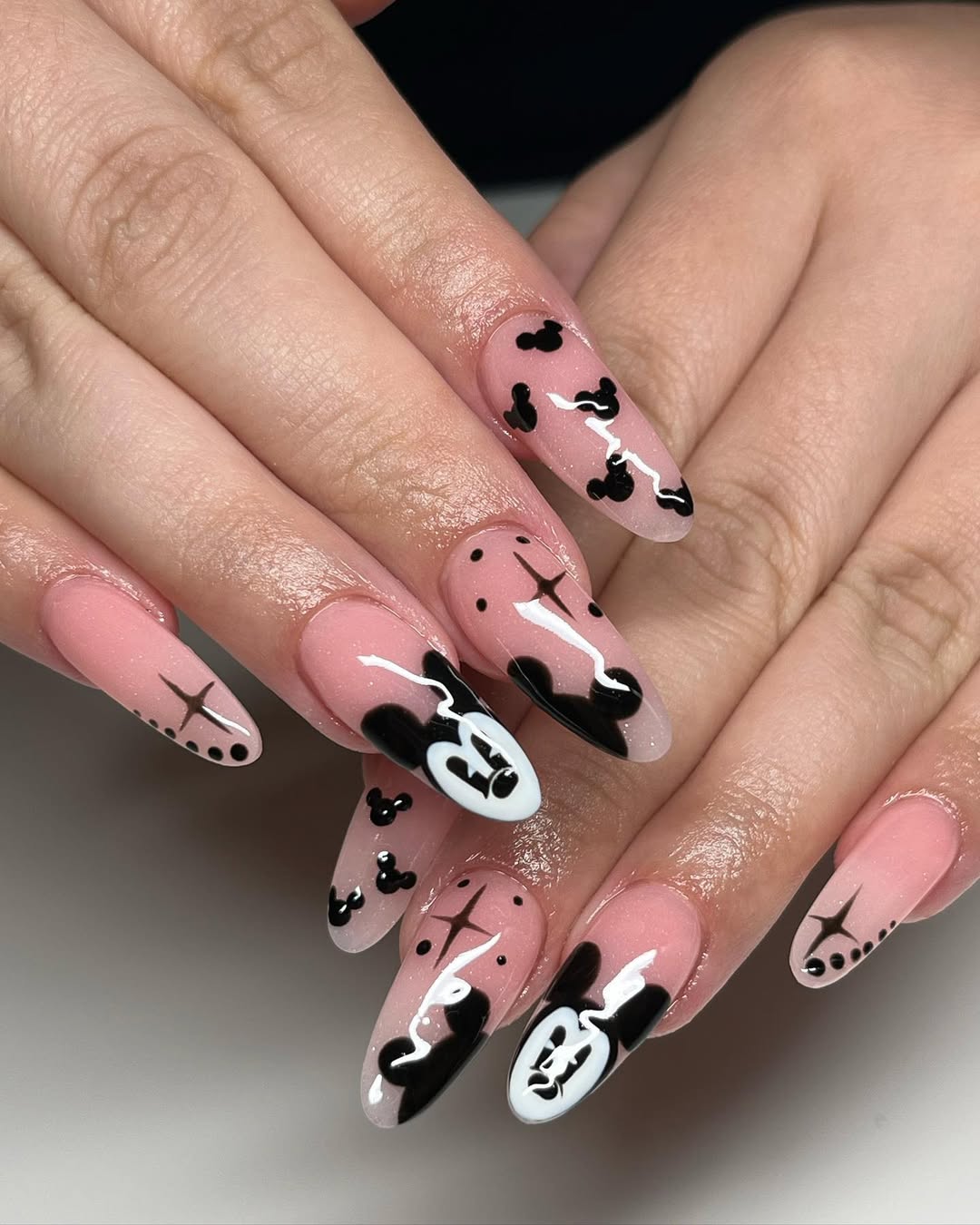 Pink Mickey Mouse Hand-Painted Almond Nails