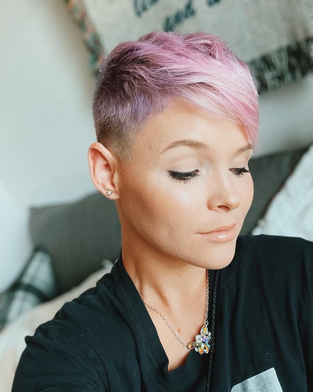 Pink Pixie Cut With Undercut and Side Bangs