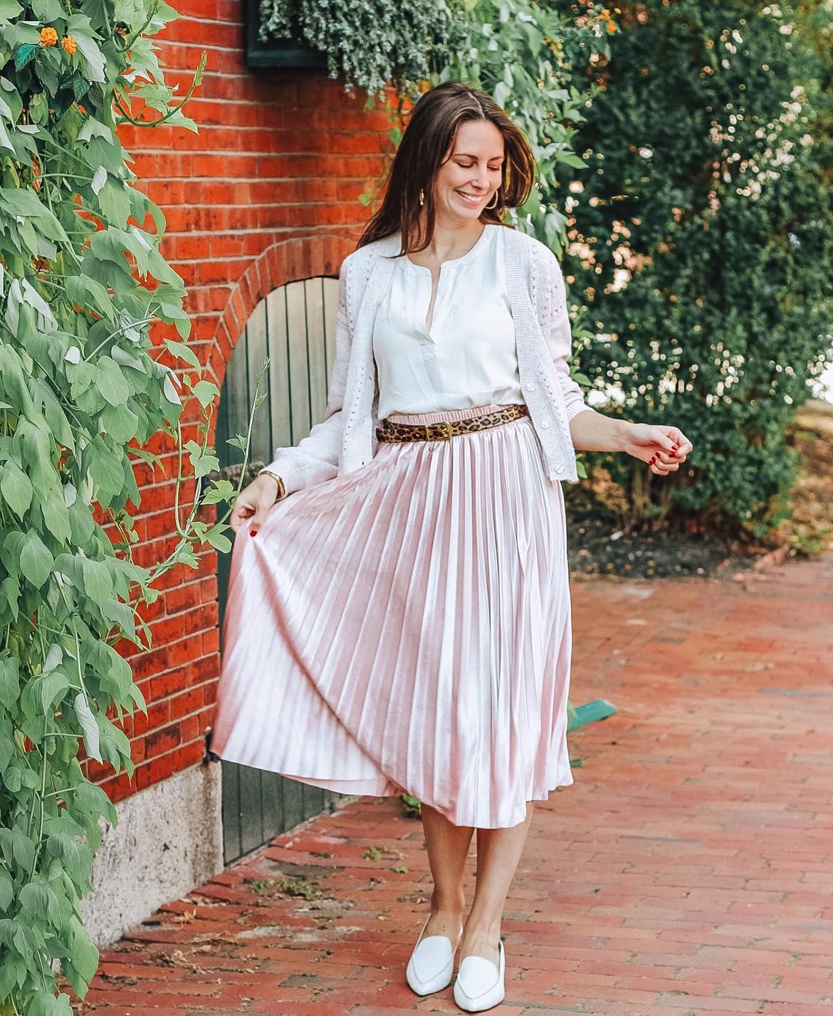 Pink Pleated Midi Skirt With Cream Cardigan Combo