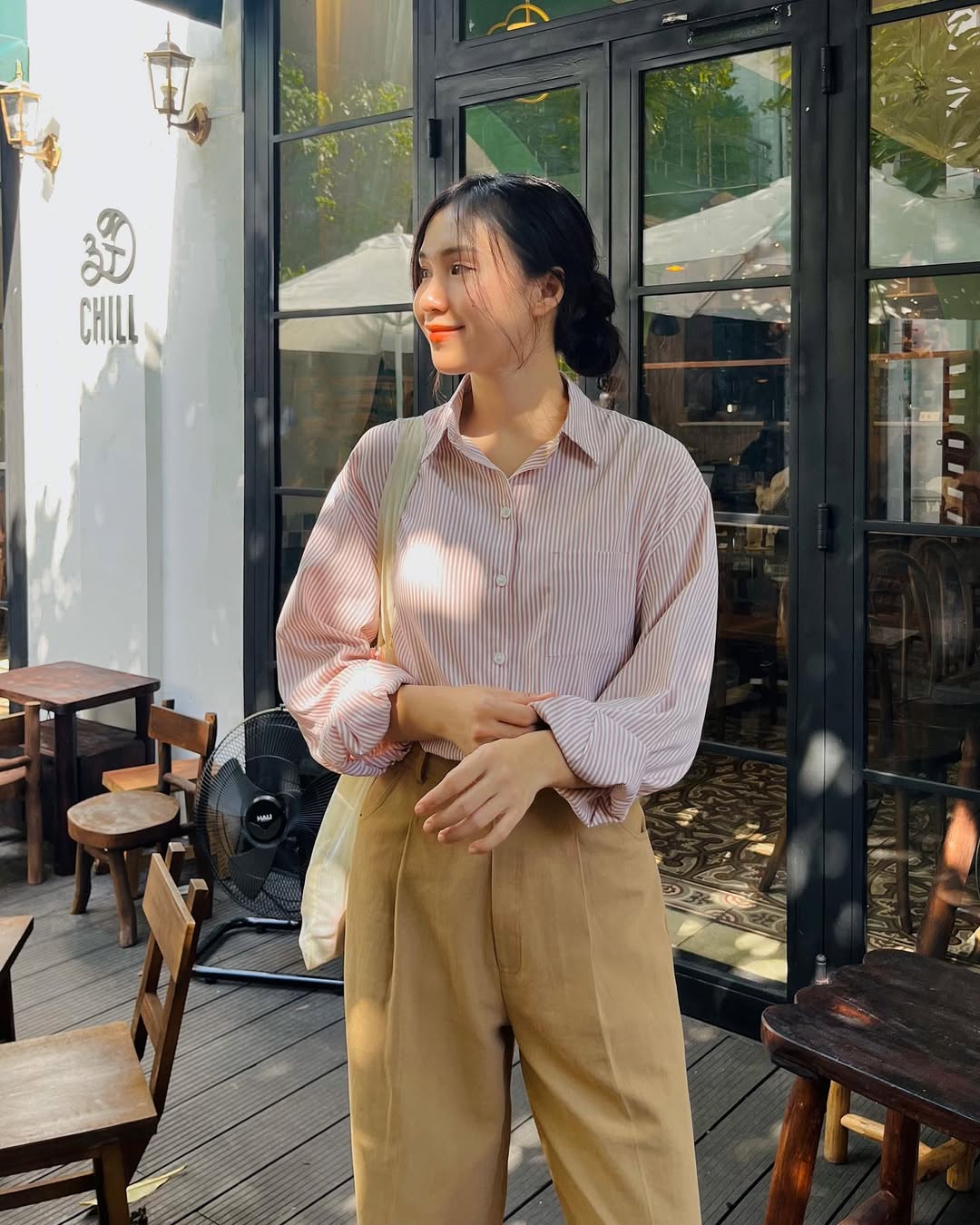 Pink Stripe Shirt And Khaki Wide Leg Trousers
