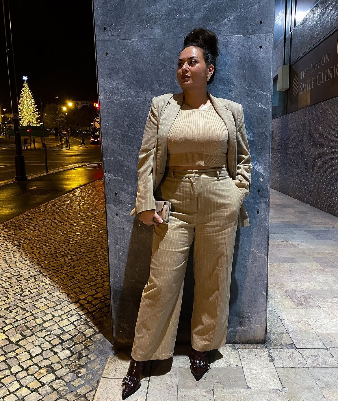 Pinstripe Trousers With Ribbed Knit And Blazer
