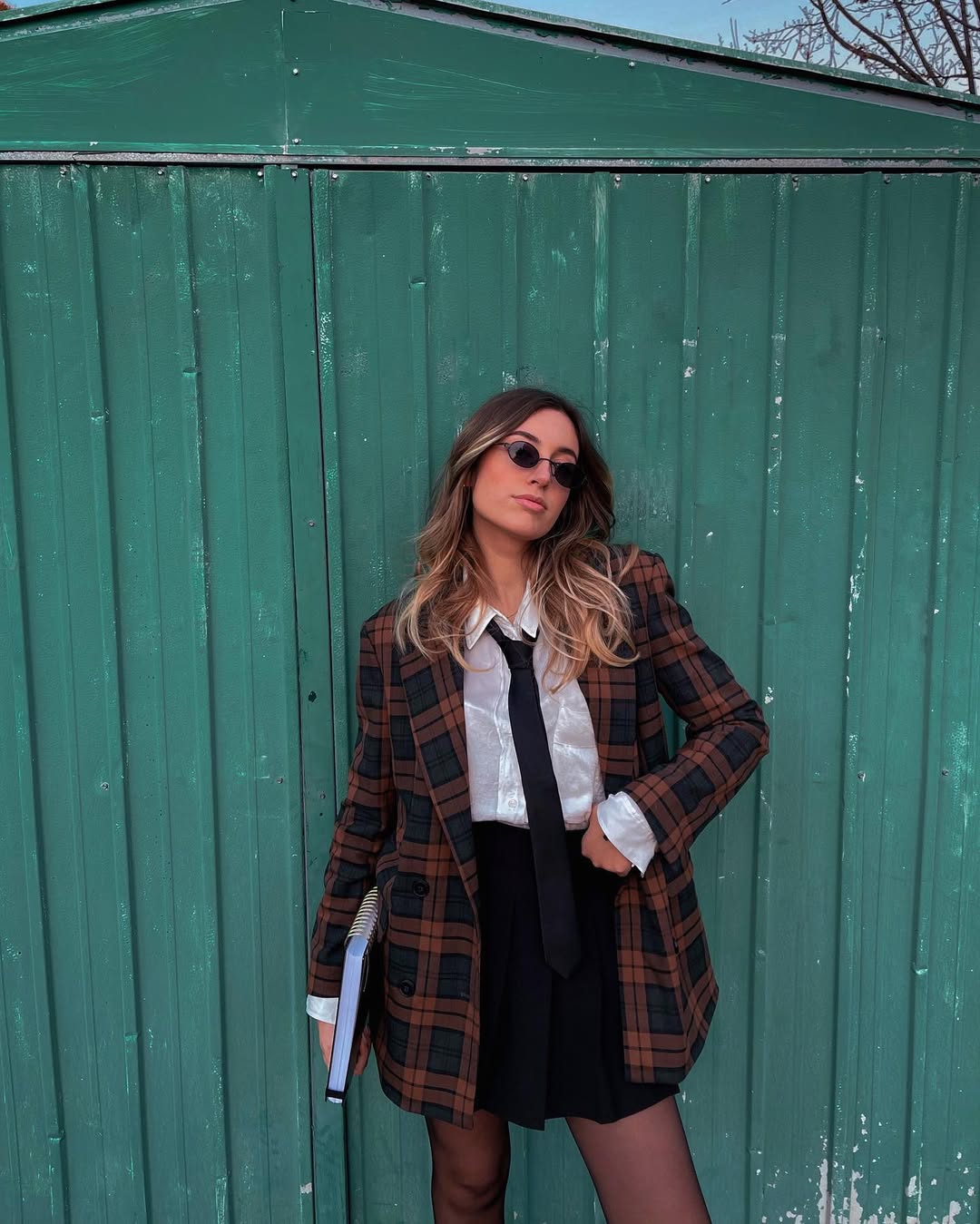 Plaid Blazer With Tie & Pleated Skirt Uniform Look