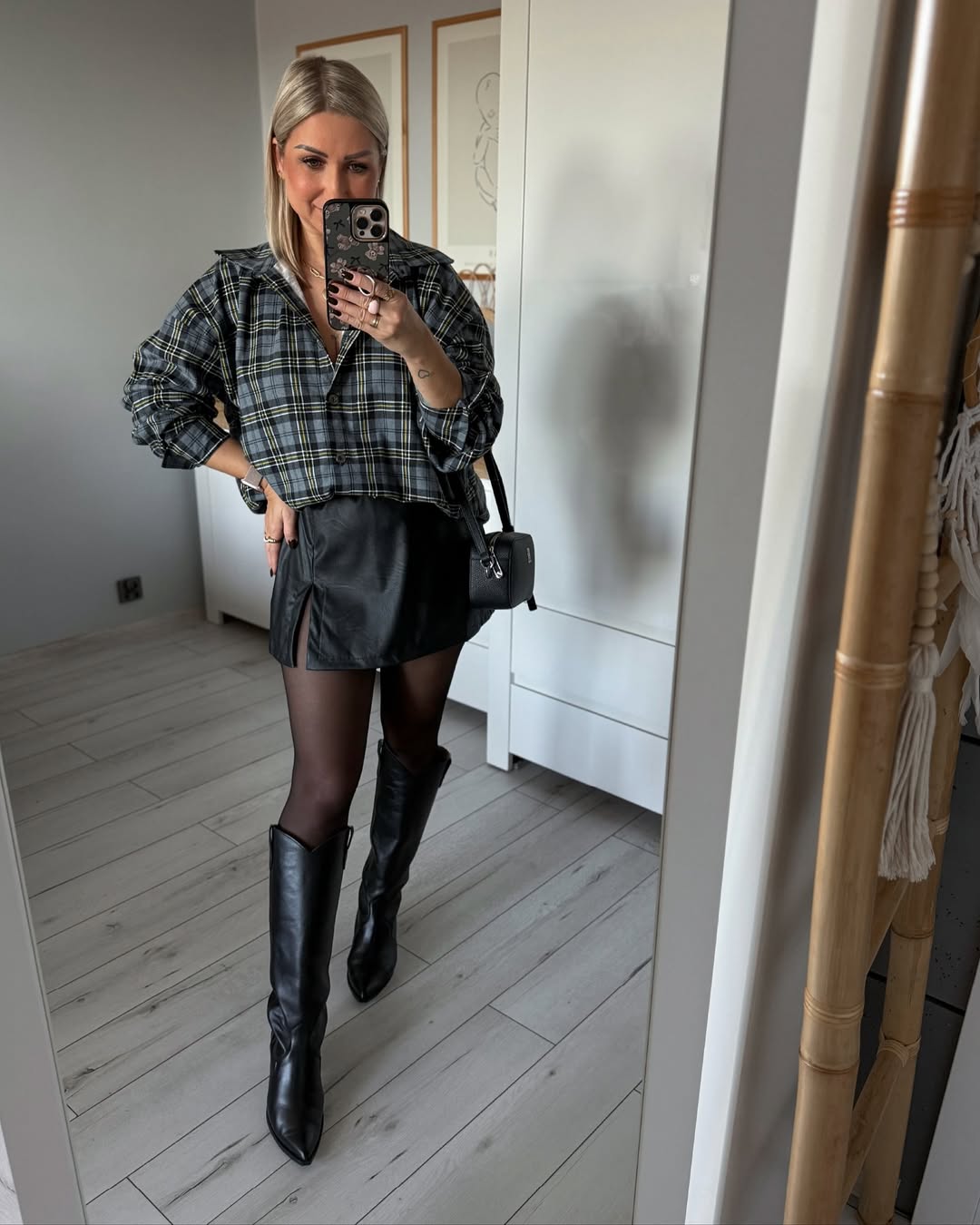 Plaid Cropped Shirt With Leather Mini Skirt Outfit