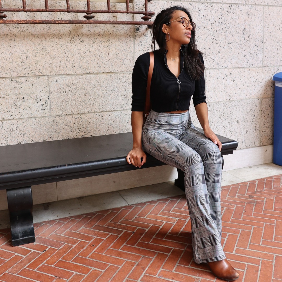 Plaid Flare Pants With Cropped Zip Top