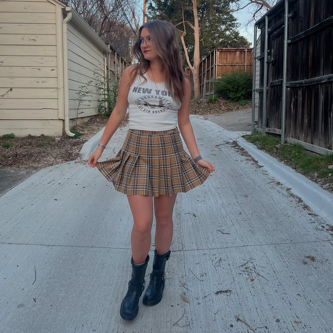 Plaid Mini Skirt With Graphic Tank And Boots