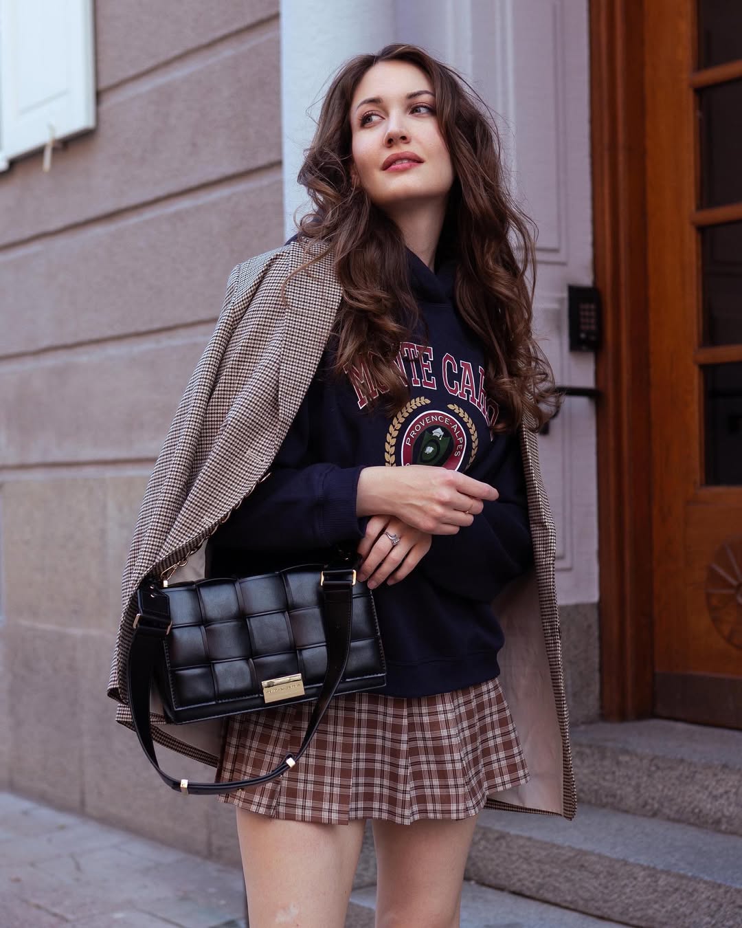 Plaid Mini Skirt With Hoodie & Blazer Combo