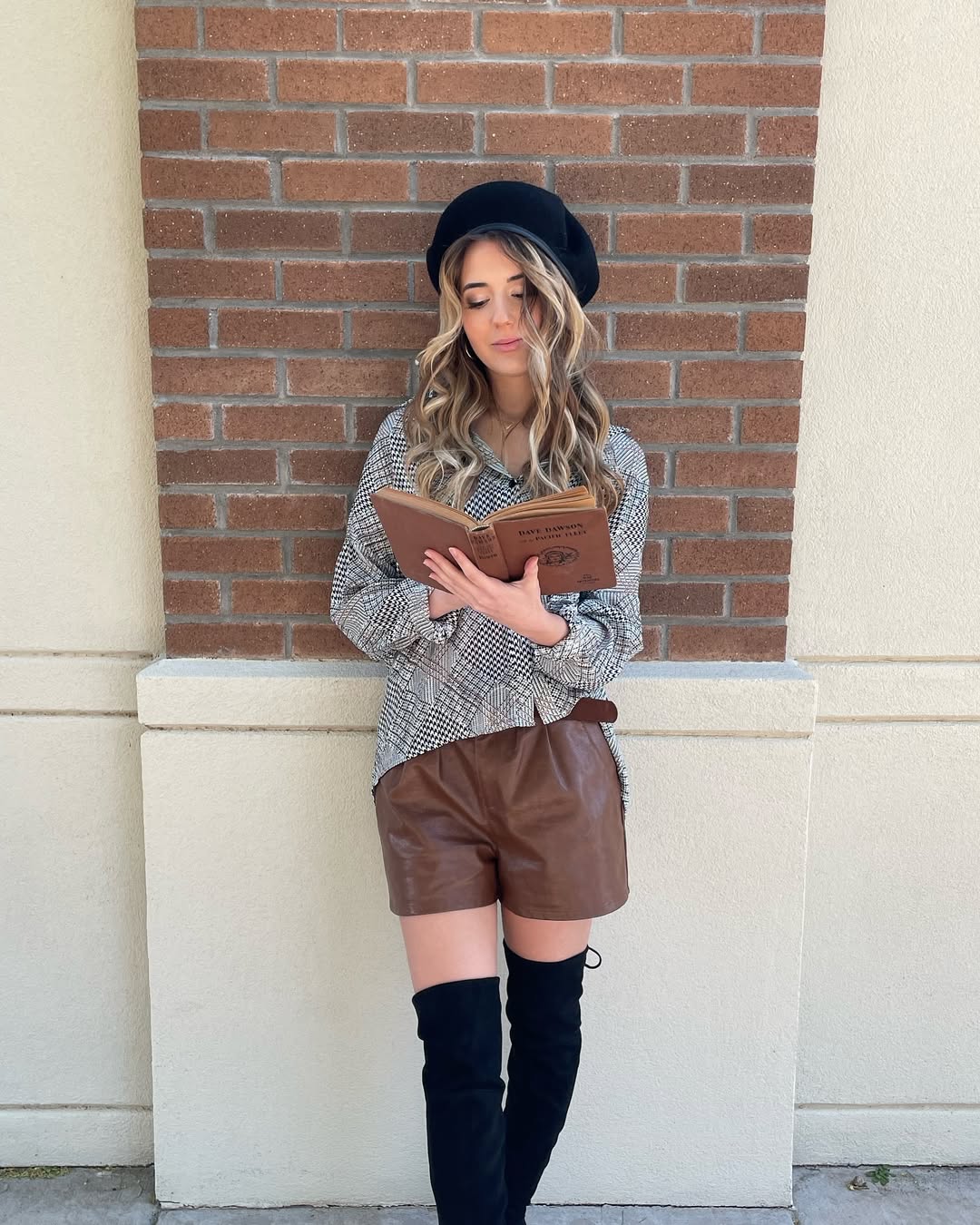 Plaid Shirt, Leather Shorts, and Over-the-Knee Boots