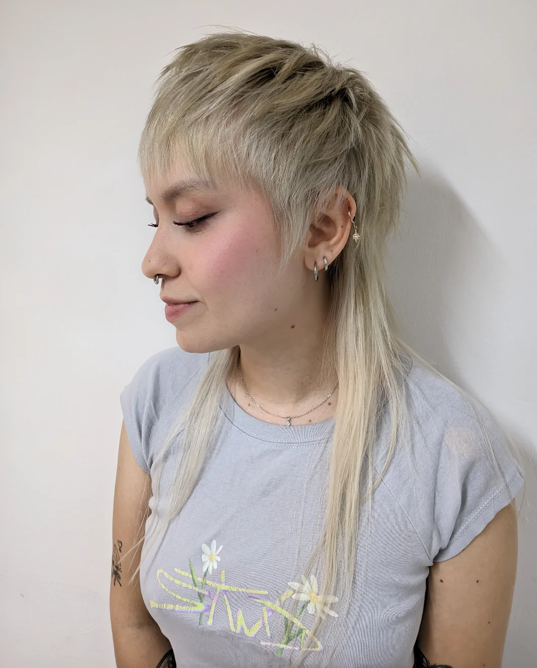 Platinum Blonde Shaggy Mullet With Baby Bangs