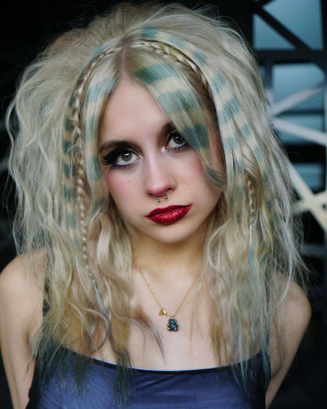 Platinum Blonde With Teal Stripes And Braided Accents