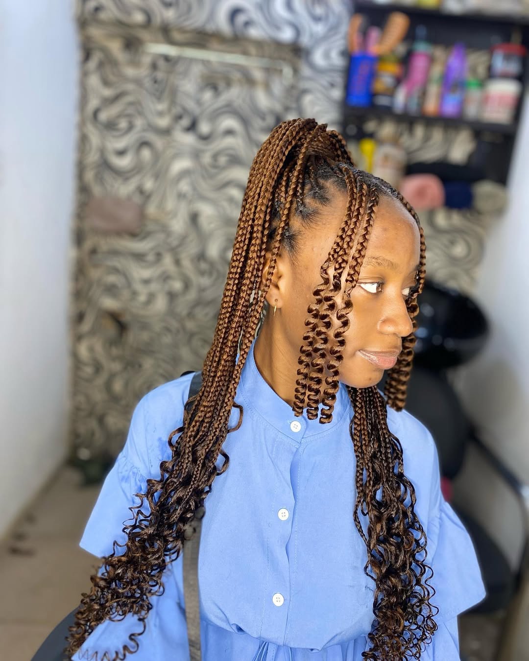 Playful Auburn Micro Braids With Curly Ends