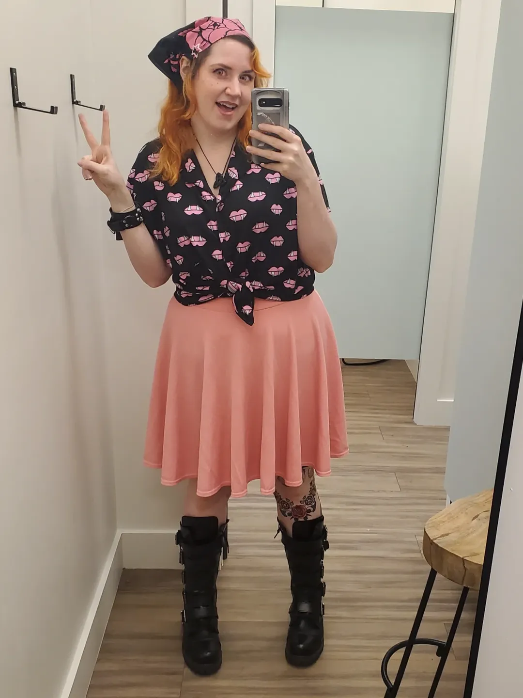 Playful Lips Print Shirt With Flared Pink Skirt