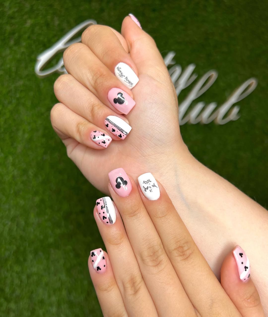 Playful Pink and White Mickey Mouse Mani