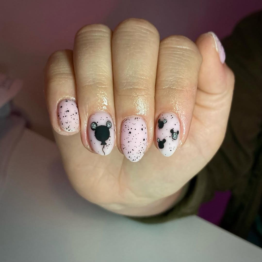 Playful Pink Speckled Mickey Mouse Nail Art