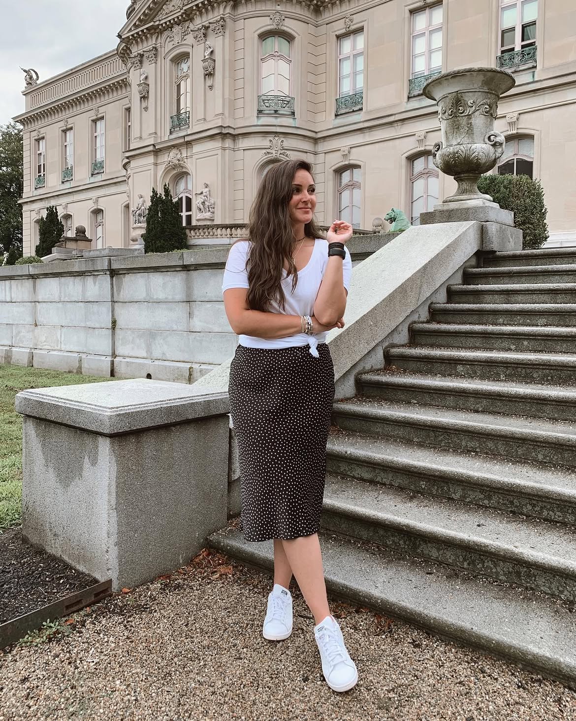 Polka Dot Midi Skirt With Casual White Tee