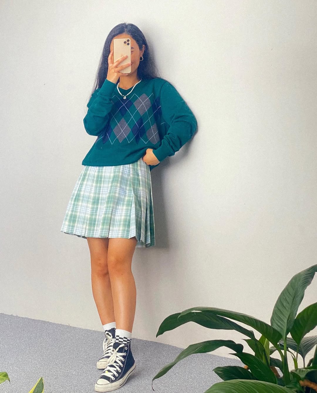 Preppy Argyle Sweater With Plaid Mini Skirt Combo