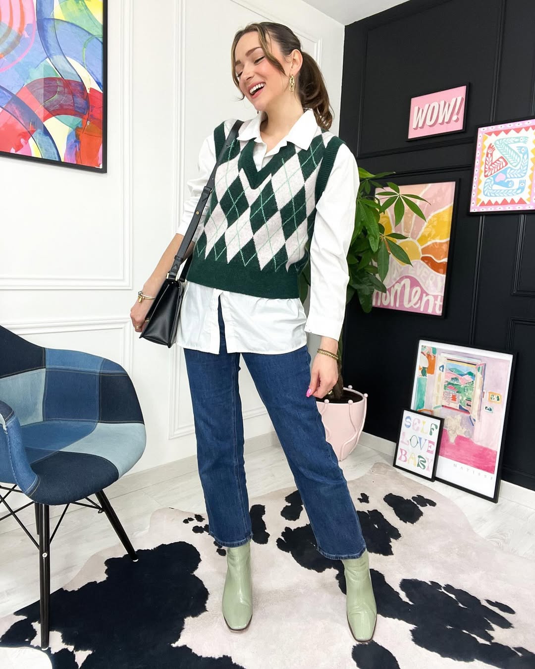 Preppy Argyle Vest Layered Over Crisp White Shirt