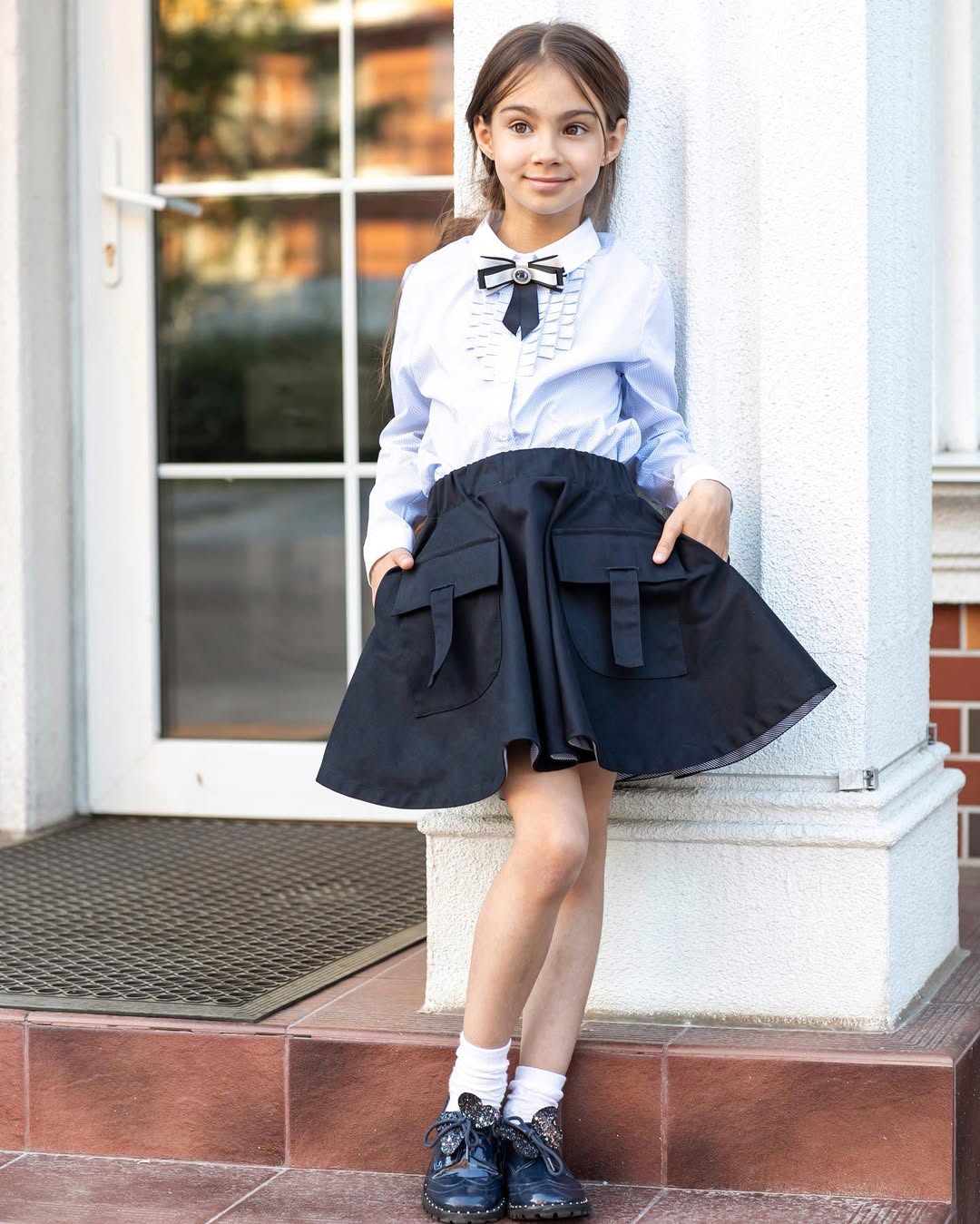 Preppy Blue Stripe Shirt With Black Pocket Skirt