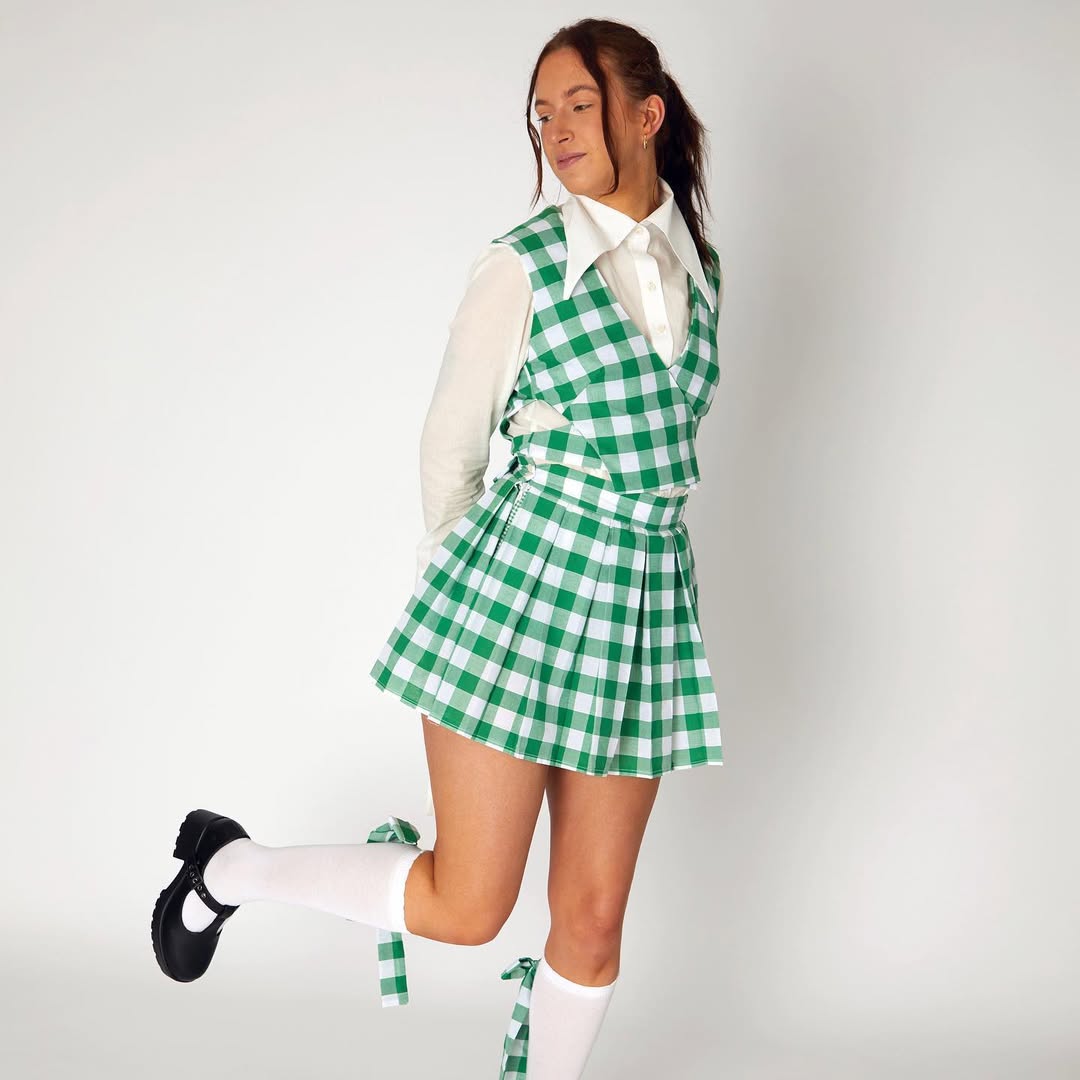 Preppy Gingham Skirt and Vest Uniform Style