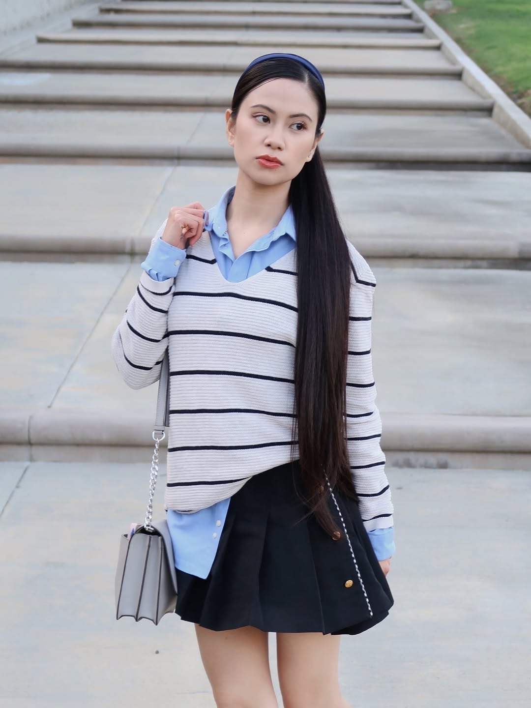 Preppy Striped Sweater Layered Over Oxford Shirt