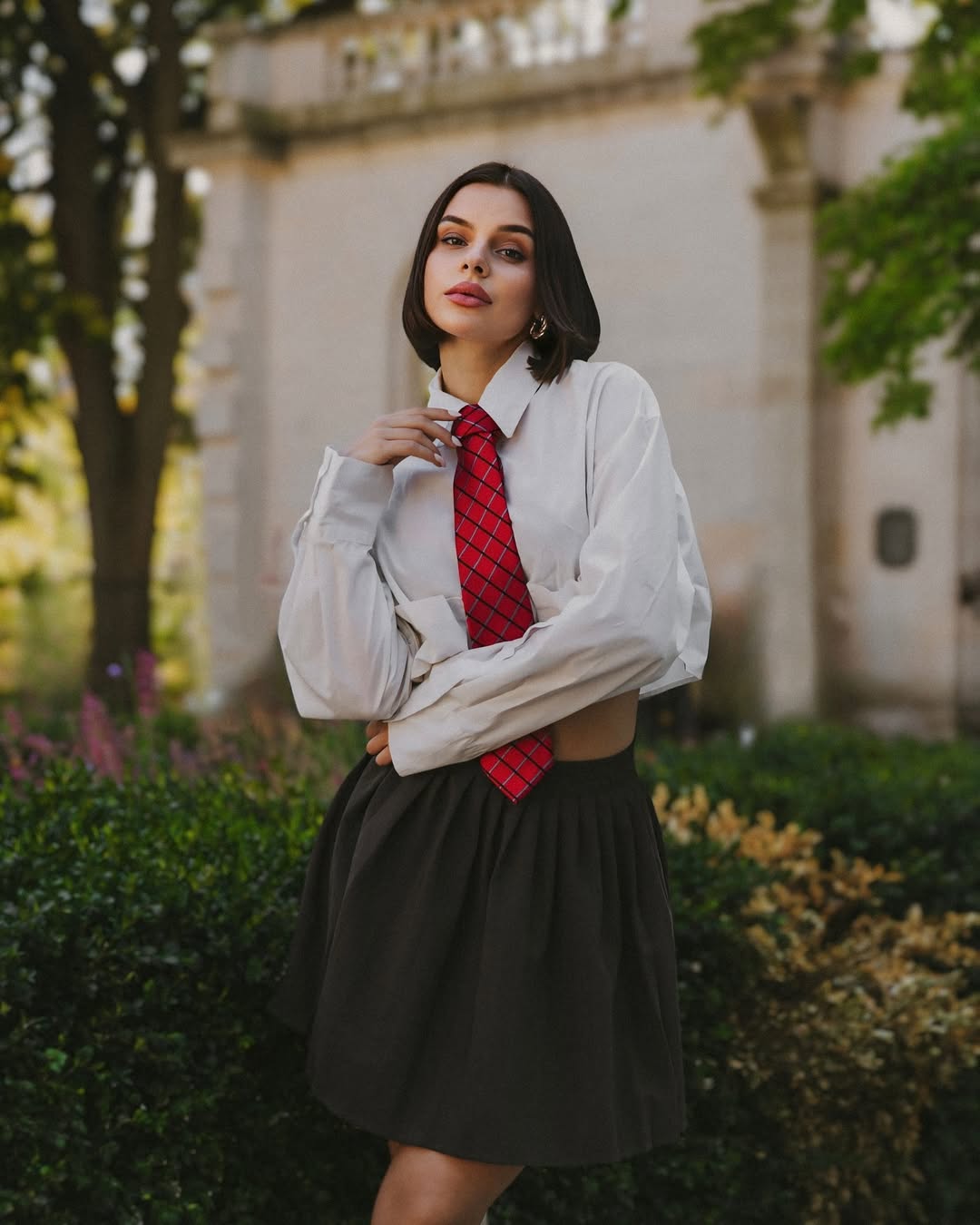 Preppy White Shirt And Plaid Tie Mini Skirt Outfit