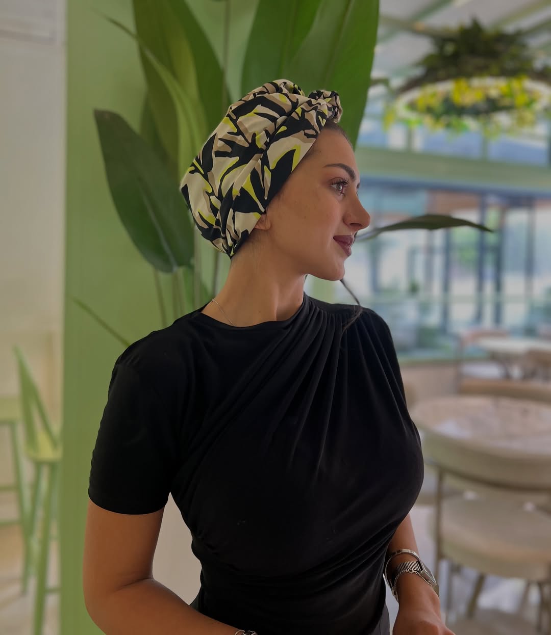 Printed Turban Headband On Sleek Dark Hair