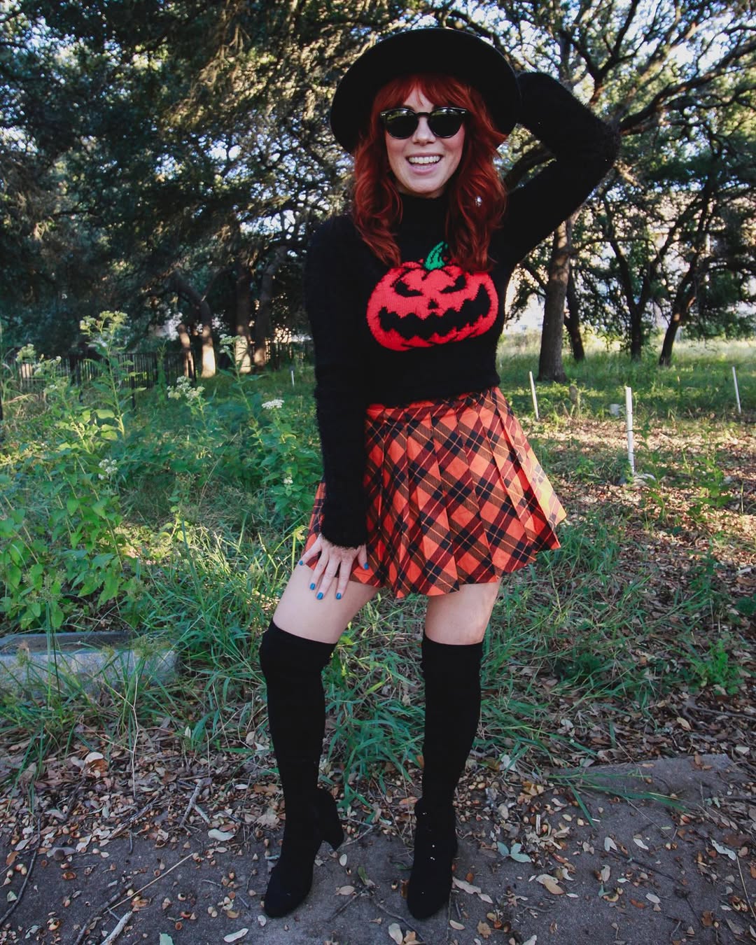 Pumpkin Sweater and Plaid Skirt Halloween Vibes