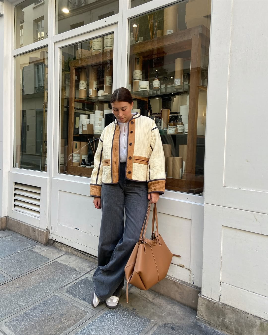 Quilted Bomber With Wide Leg Denim And Tote