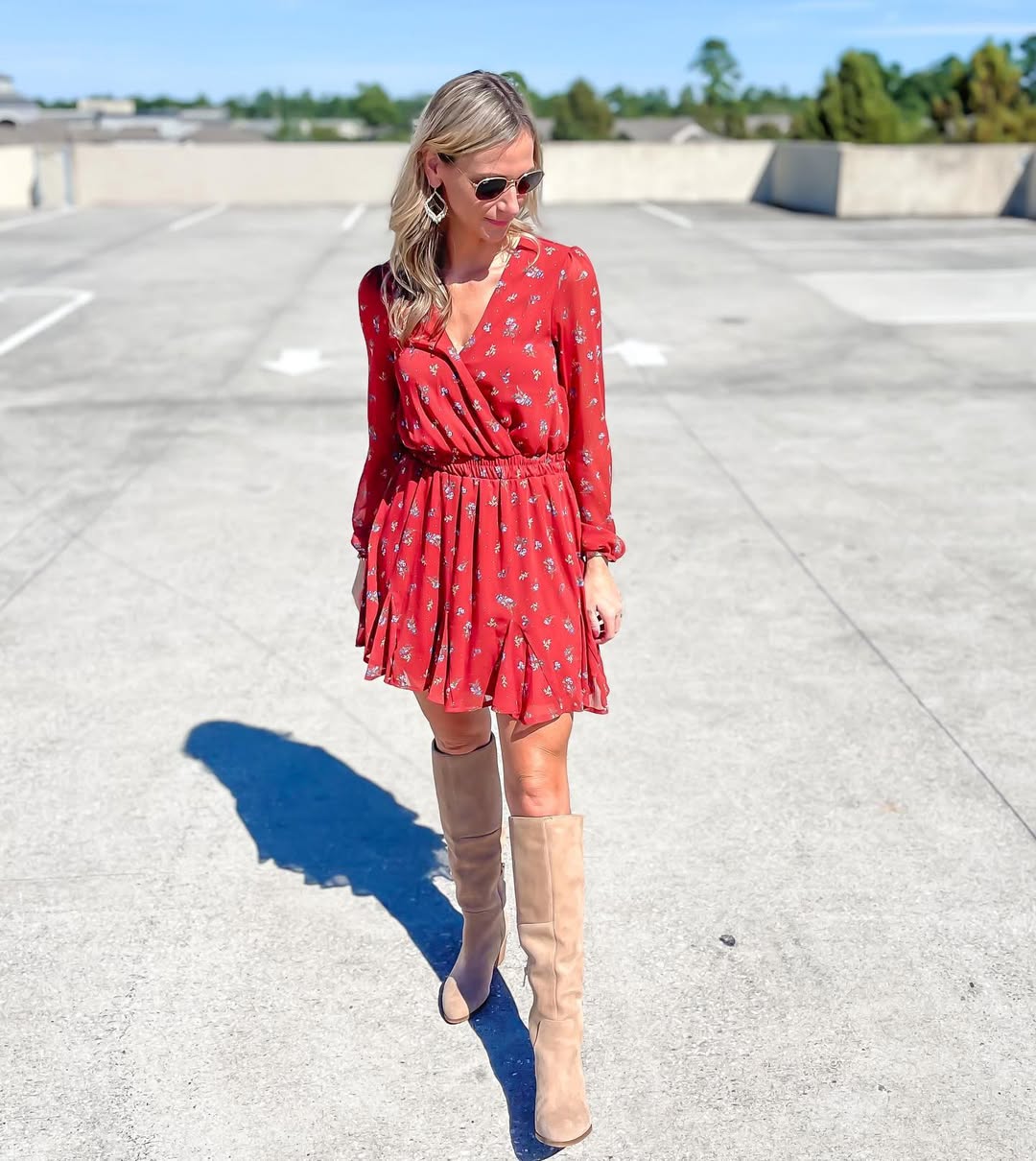 Red Floral Mini Dress With Knee-High Boots