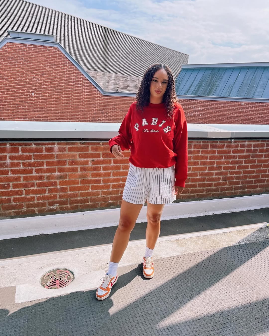 Red Paris Sweatshirt With Striped Pinstripe Shorts