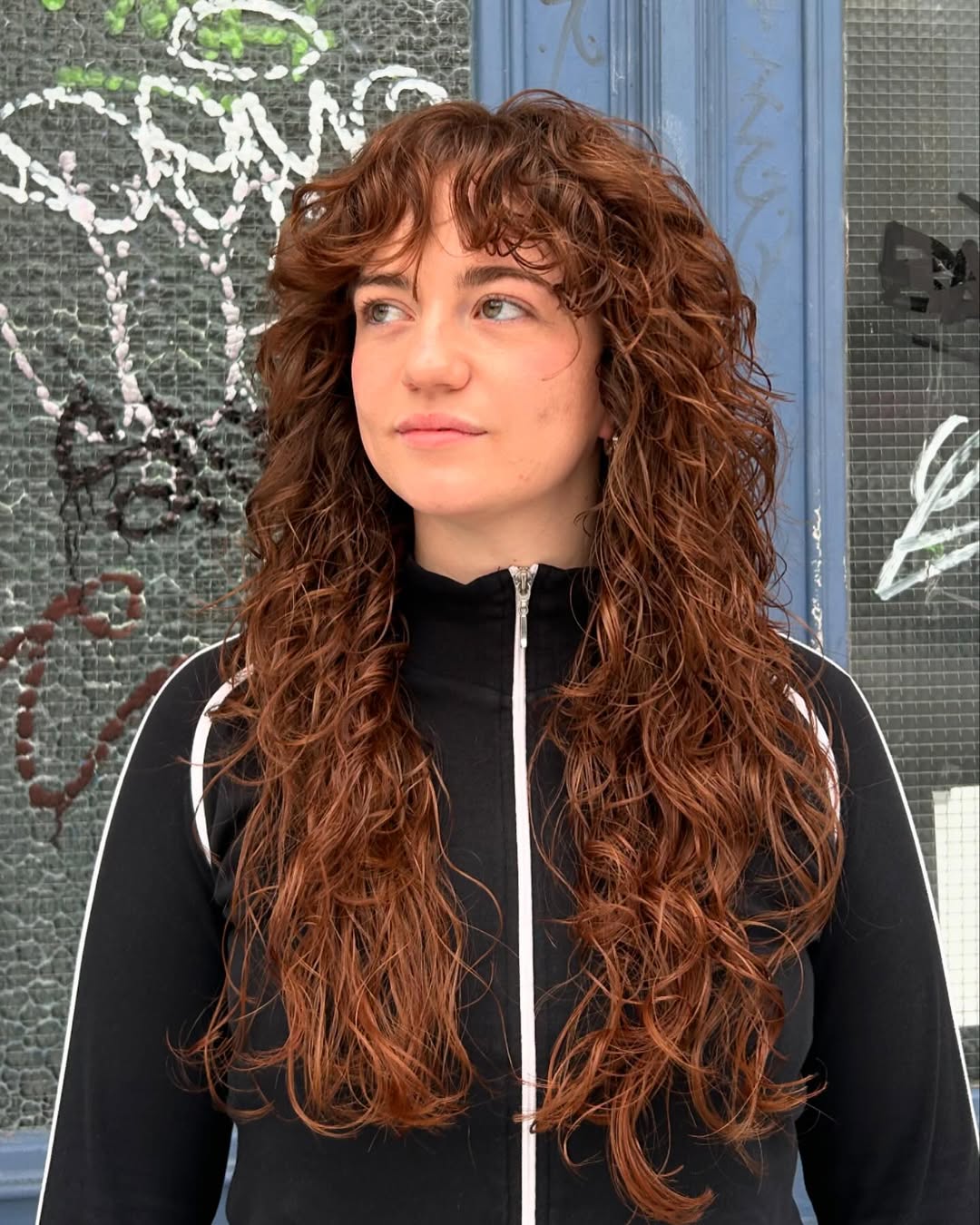 Reddish Brown Curly Shag With Wispy Bangs