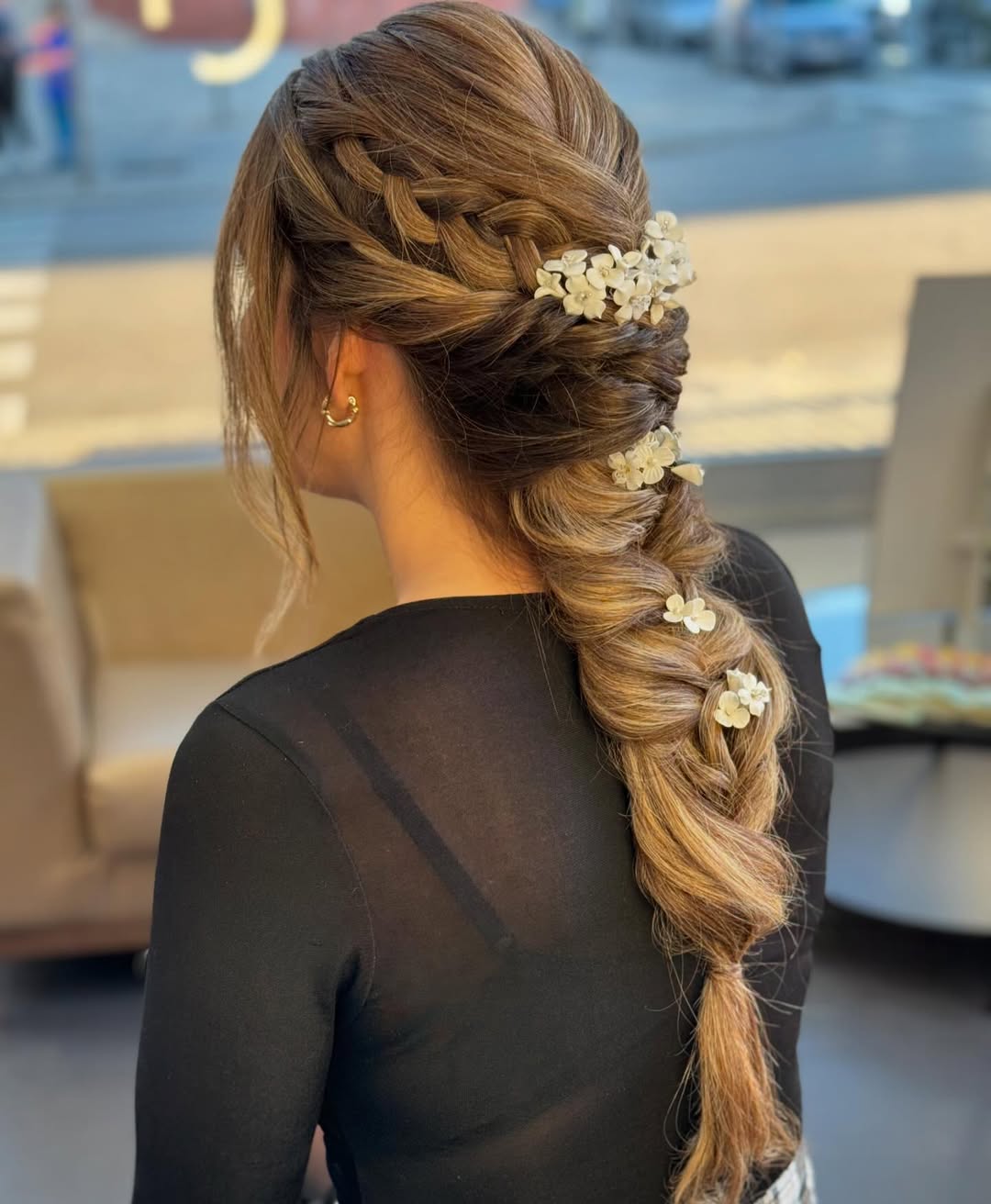 Relaxed Fishtail Braid With Delicate Floral Accents